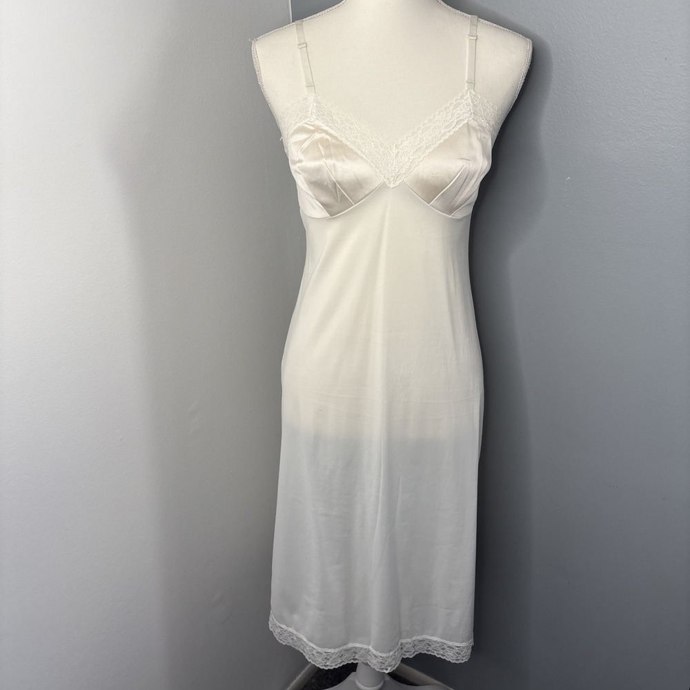 VTG‎ SILKY Slip Dress Ivory Size 32 US 6 NYLON floral LACE sheer Midi NIGHTGOWN